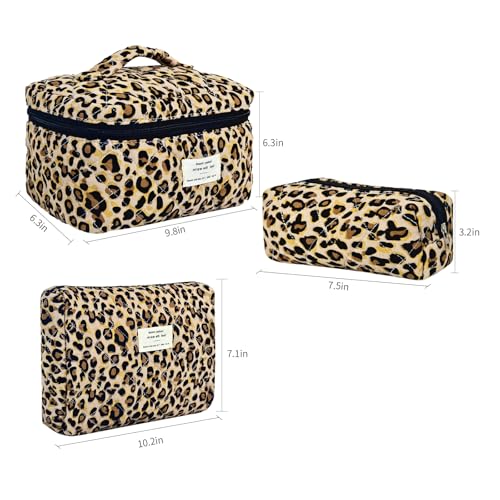 GISMTR 3Pcs Makeup Bag Cotton Quilted Travel Cosmetic Bag Cute Floral Makeup Pouch Large Toiletry Bag for Women Girls - color: Brown leopard print