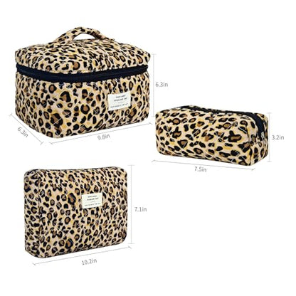 GISMTR 3Pcs Makeup Bag Cotton Quilted Travel Cosmetic Bag Cute Floral Makeup Pouch Large Toiletry Bag for Women Girls - color: Brown leopard print