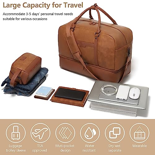 Wogarl Weekender Bag for Women Men Large Overnight Bag Travel Duffel Bag with Shoe Compartment Toiletry Satchel Bag Carry On Bag Fit 21" Laptop - color: Light Brown