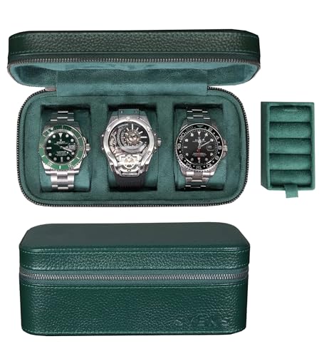 3 Watch Travel box Real Top-grain Leather, Three Watches Storage Organizer Roll Case for Man and Women, Watch Packing Box with Suede to Protection Zipper Fit All Watches Up to 60mm (3W-Z-GR) - color: 3W-Z-GRR