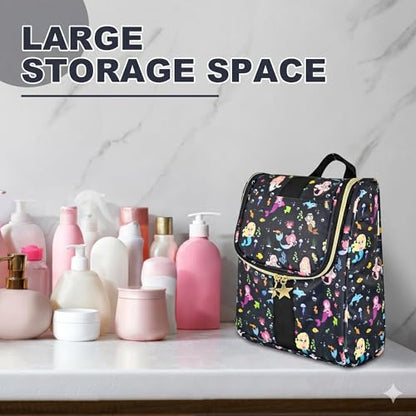 Remobia Hicol Cute Cartoon Hanging Kids Toiletry Bag Children Travel Cosmetic Makeup Organizer Wash Bag Shower bag Over Night Bag Camping Shaving Kit Bag for Boys & Girls (Mermaid Black) - color: Mermaid Black