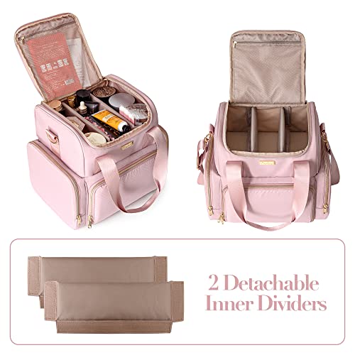 Large Makeup Cosmetic Bag with 3 Removable Case, Double Layer Travel Makeup Organizer Case with Inner Dividers and Makeup Brushes Storage Section, Pink (Patented Design) - color: Pink