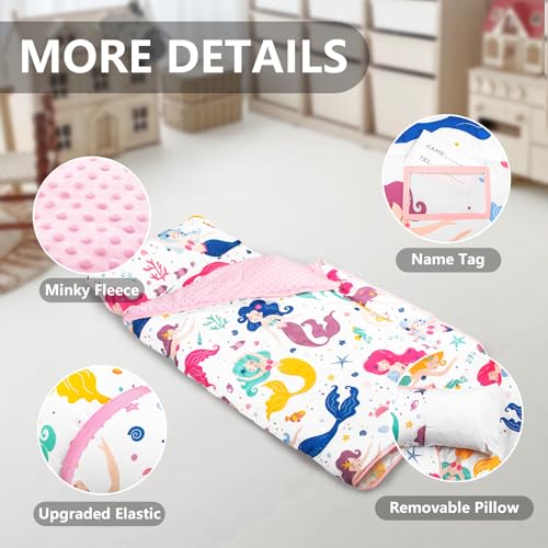 Primlect Thickened Toddler Nap Mat with Removable Pillow and Minky Blanket, Extra Large 55''x35'' Sleeping Bag, Washable, Roll up, Perfect for Daycare, Preschool, Kindergarten, Boys and Girls Mermaid - color: Mermaid