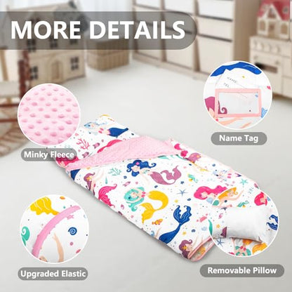 Primlect Thickened Toddler Nap Mat with Removable Pillow and Minky Blanket, Extra Large 55''x35'' Sleeping Bag, Washable, Roll up, Perfect for Daycare, Preschool, Kindergarten, Boys and Girls Mermaid - color: Mermaid