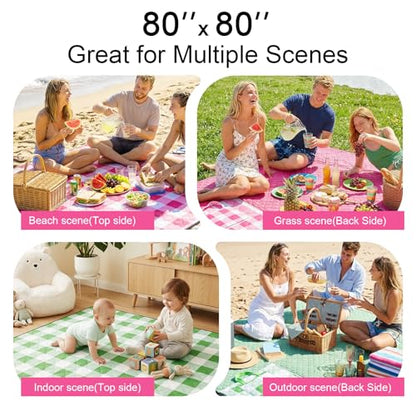 2 in 1 Tote Picnic Blanket Waterproof Outdoor Camping Mat，Large Capacity Beach Blanket 80''x80'' 7 Layers Easy to Foldable and Carry. - color: Pinkcheck