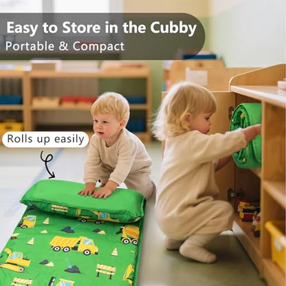 Primlect Toddler Nap Mat with Removable Pillow and Fleece Blanket, Extra Large 55''x35'' Sleeping Bag, Washable, Light, Easy to Roll up, Perfect for Daycare, Preschool, Kindergarten, Travel - color: Green Car