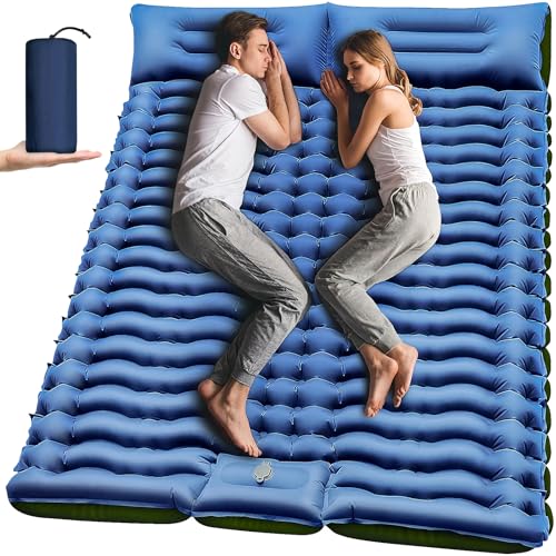 Yuzonc Double Camping Sleeping Pad with Built-in Foot Pump and Pillows – Ultralight Inflatable Sleeping Mat for 2 Person, Compact Air Mattress for Backpacking Hiking Tent Camping, Portable Outdoor - color: Blue+green