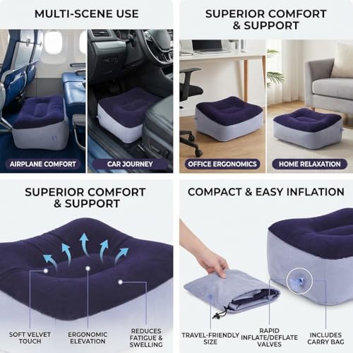 Inflatable Foot Rest, Carseat Inflatable Foot Rest Pillow, Airplanes Inflatable Foot Rest Cars, Travel Footrest Pillow for Home Office,Trains (Gray Splicing Navy Blue 2 Count), 14.5" L×11.8" W×7.9”H