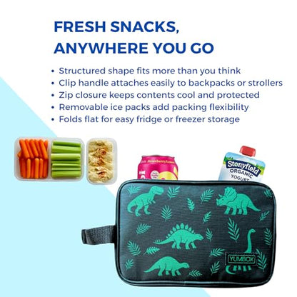 Yumbox Chill Snack Bag, Insulated Freezable Snack Bag with 2 Removable Gel Ice Packs, Cooler for Snacks & Small Meals, Freezer Safe, Lightweight, Dark Green Bag with Dinosaurs Print - color: Dinos