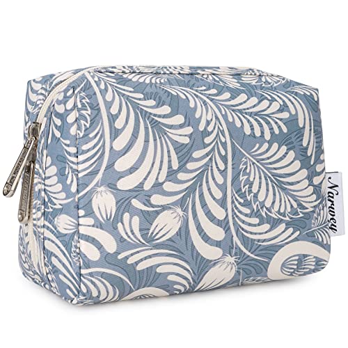 Narwey Small Makeup Bag for Purse Mini Cosmetic Bag Travel Makeup Pouch Zipper Pouch Cute Make up Bags with Compartments for Women Girls (Small, Blue Leaf) - color: Blue Leaf, style: Small