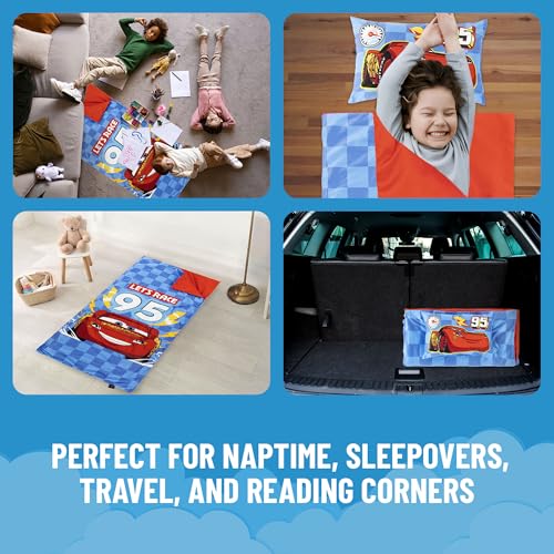 Jay Franco Kids Slumber Bag and Pillow - 54 x 27 Inch Comfy Indoor Sleeping Bag for School and Sleepovers, 2 Piece Set, Blue - Cars - color: Blue - Cars