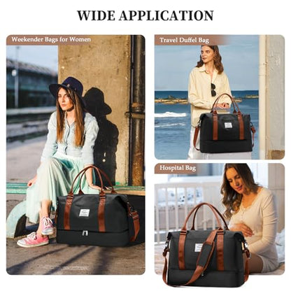 Weekender Bags for Women,Extra Large Travel Duffle Overnight Bag with Shoe Compartment,Personal Item Carry On Bag with Grid Toiletry Bag,Black & Brown - color: BlackBrown-2230, size: Extra Large