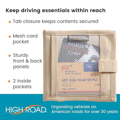High Road Car Registration and Insurance Card Holder for Sun Visor, Glove Box or Console with 2 Clear Hidden Car Document Pockets and Front Card Pocket - color: Tan