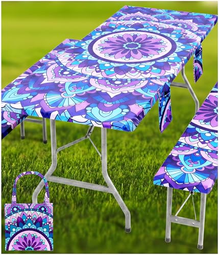 Picnic Table Cover with Bench Covers Vinyl Elastic Edges Fitted Rectangle Tables Seat Waterproof 3-Piece 96X30in Set Outdoor Rectangular Folding Backing Tablecloth Camping Over Size Mandala - color: Purple Mandala, size: 96in