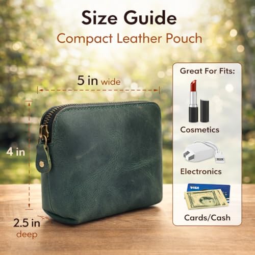 Full Grain Leather Cosmetic Bag – Zippered Makeup Pouch for Women, Small Travel Toiletry & Organizer Pouch for Purse, Premium Handmade Leather (5 × 4 × 2.5 in) - color: Green