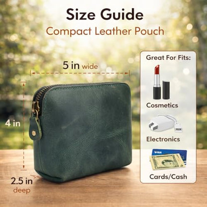 Full Grain Leather Cosmetic Bag – Zippered Makeup Pouch for Women, Small Travel Toiletry & Organizer Pouch for Purse, Premium Handmade Leather (5 × 4 × 2.5 in) - color: Green