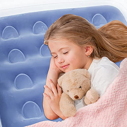 Inflatable Kids Travel Bed Toddler Air Mattress Set,Portable Blow Up Mattress Sleeping Bed Cot with Bed Rails and Electric Pump Ideal for Road Trip - color: Blue