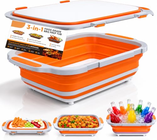XL BBQ Prep Tub with Lid, 16L Collapsible Marinating Container & Cutting Board - Foldable Food Basin for Meat Prep Tub - Grill Station for Outdoor Cooking, Camping - BBQ Food Storage Tray