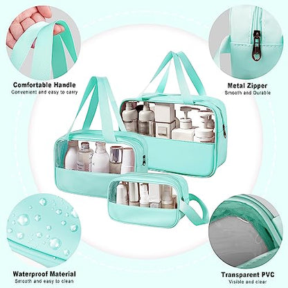 Clear Makeup Bag, 3 Pcs of Cosmetic Bags Set, Transparent PVC Travel Makeup Pouch, Waterproof Cute Toiletry Bag for Women (Mint Green) - color: Z-Mint Green-3pcs, style: 3pcs