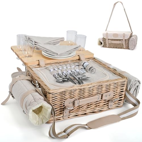 Multifunctional Wicker Picnic Basket Set for 4 with Blanket and Picnic Table, Insulated Picnic Set with Full Tablewares for Camping Outdoor Couples, Flowers - color: Flowers With Blanket &Table for 4