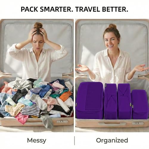 4 Piece Compression Packing Cubes for 3–7 Day Travel, Space Saving Travel Organizers with Breathable Mesh, Double-Zipper Packing Cubes for Carry-On & Suitcases (Lavender) - color: Lavender
