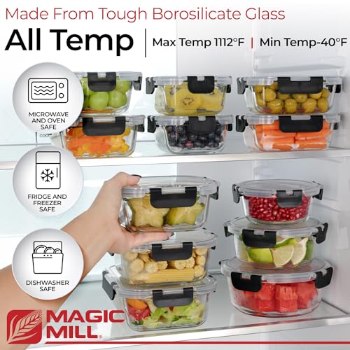Magic Mill Premium Borosilicate Glass Food Storage Containers with lids Set | 24pc Sets with 12 Bowls & 12 Airtight Locking Lids for Lunch & Meal Prep, Safe for Oven, Freezer, Dishwasher, BPA-Free - color: Black
