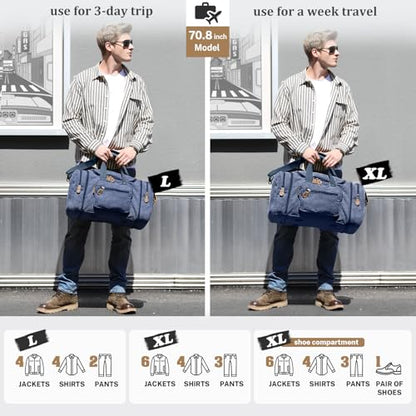 Gonex Canvas Duffle Bag for Travel 60L Expandable Duffel Weekend Overnight Bag men (Blue) - color: Blue, size: X-Large-60L (Without Shoe Compartment)