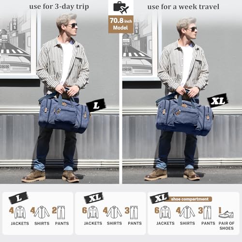 Gonex Canvas Duffle Bag for Travel 50L Expandable Duffel Weekend Overnight Bag men (Blue) - color: Blue, size: Large-50L (Without Shoe Compartment)