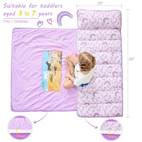 Lasoftan Toddler Nap Mat with Pillow and Blanket, Extra Large Rolled Napping Mats,Slumber Bags for Boys Girls,Kids Sleeping Bag for Daycare, Preschool Travel Camping - color: Rainbow