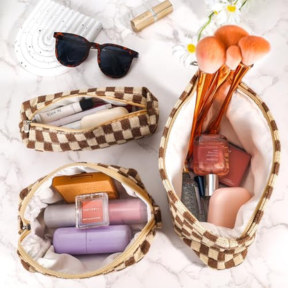 ZLFSRQ 3Pcs Checkered Makeup Bag for Women Large Small Checkered Cosmetic Bag Set Aesthetic Preppy Pencil Case Cute Pencil Pouch Brown Makeup Pouch for Purse Travel Toiletry Bags Zipper Skincare Bags - color: B-Checkered 3Pcs Mix Brown