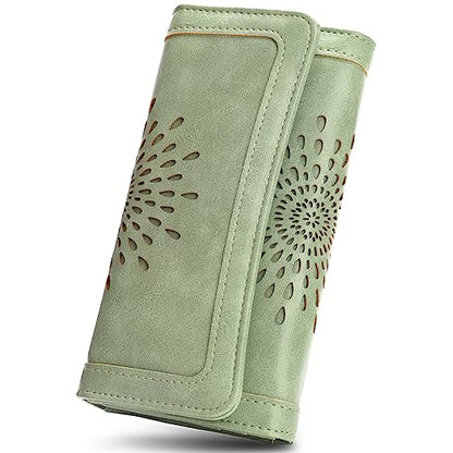 APHISON Womens Wallets RFID Blocking Leather Clutch Long Wallet for Women Card Holder Phone Organizer Ladies Travel Purse Hollow Out Sunflower Design Gift - color: GREEN