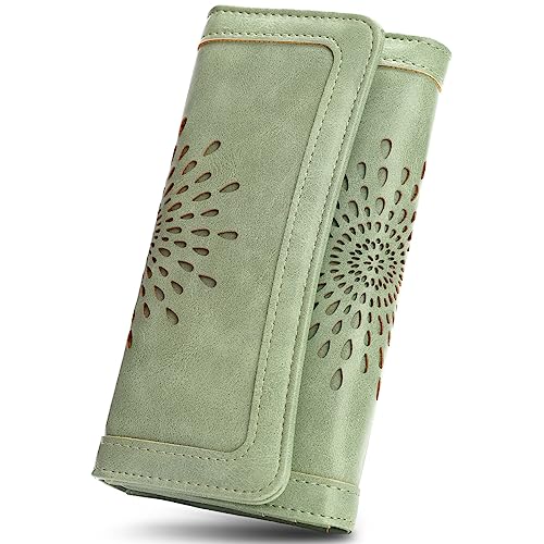 APHISON Womens Wallets RFID Blocking Leather Clutch Long Wallet for Women Card Holder Phone Organizer Ladies Travel Purse Hollow Out Sunflower Design Gift - color: GREEN