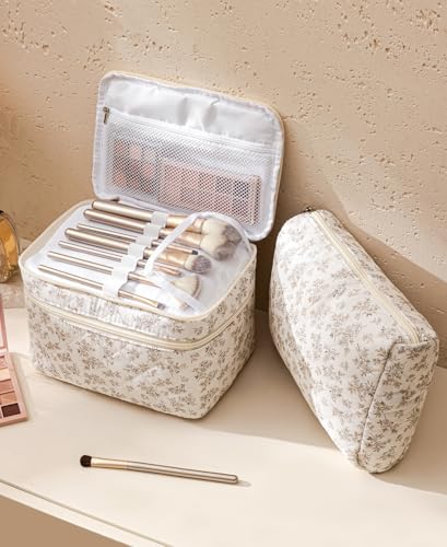 HBselect 2Pcs Travel Makeup Bag, Large Cotton Quilted Makeup Bag Cosmetic Bag Cute Make up Bag Toiletry Bags for Women Girls - color: 2PCS-Quilted Makeup Bag 1