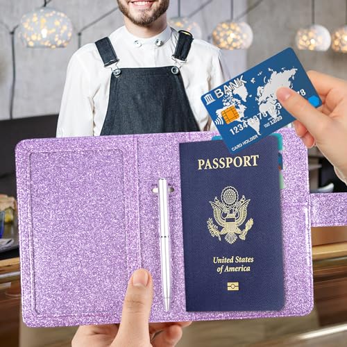 ACdream Unisex Faux Leather Passport and Vaccine Card Holder, Glitter Purple, RFID Blocking, Protects Valuable Information - color: Glitter Purple