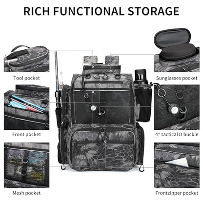 Rabjen Fishing Tackle Backpack with Rod Holders, Bottle Holder, Storage Bag Store Fishing Gear - color: Camouflage Black