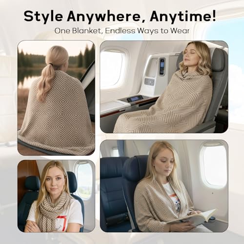 Travel Blanket Airplane - Ultra Soft & Lightweight Knit Design Compact Airplane Blanket,53x72 Inch,Stylish Travel Shawl Wraps for Flights,Office,Home Use,Travel Essentials & Gifts - color: A Khaki