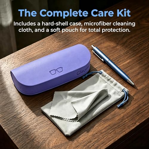Glasses Case hard shell,3-in-1 Sunglasses Case & Eyeglass Case with Cleaning Cloth & Storage Pouch - color: Purple