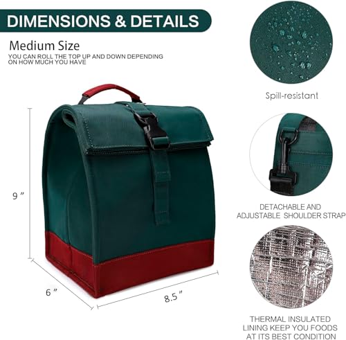SUNNY BIRD Insulated Lunch Bag Rolltop Lunch Box Tote Lunchbox Bag for Women, Men, Adults and Teens (Green) - color: Green