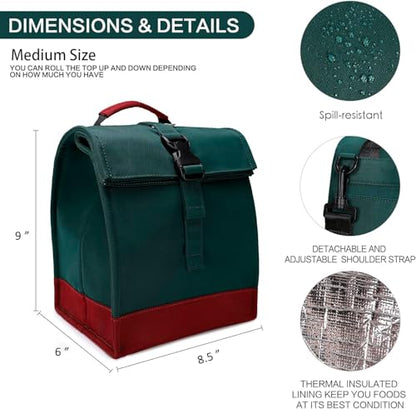 SUNNY BIRD Insulated Lunch Bag Rolltop Lunch Box Tote Lunchbox Bag for Women, Men, Adults and Teens (Green) - color: Green