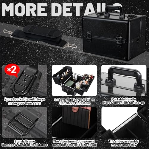 Large Makeup Train Case Cosmetic Organizer Case Makeup Box Portable Make Up Artist Travel Case with 4 Trays with Dividers Lockable Hard Train Case Nail Tech Supply Storage - Starry Black - color: Starry Black-M