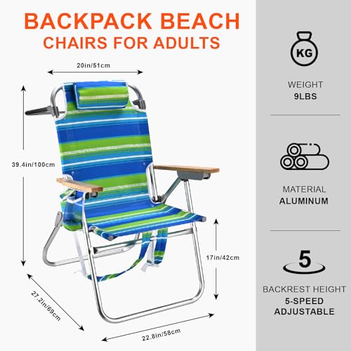 Backpack Beach Chairs for Adults Capacity 300 LBS high 5 Position Beach Chair with Pouch Straps Folding Lightweight Reclining Aluminum Wide Lay Flat Single - color: 17in Wood Light Green Stripes 1 Pack