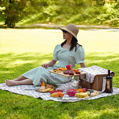 WILLOW WEAVE Picnic Basket with Table, Wine Picnic Basket Set 4, Wicker Picnic Basket for 4, Willow Hamper Service Gift Set with Blanket & Portable Wine Snack Table for Camping and Outdoor Party - size: L for 4P-Leaf