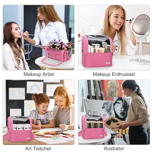 TANTO Makeup Brush Case Stand-up Makeup Cup Makeup Brush Holder Travel Professional Cosmetic Bag Artist Storage Bag Large Makeup Bag with Adjustable Divide (Rose Pink, 1-Large) - color: Rose Pink, size: 1-Large