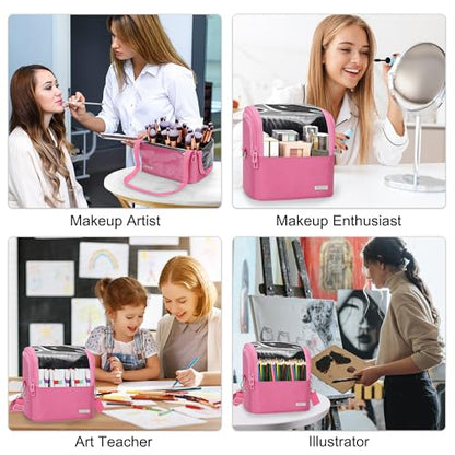TANTO Makeup Brush Case Stand-up Makeup Cup Makeup Brush Holder Travel Professional Cosmetic Bag Artist Storage Bag Large Makeup Bag with Adjustable Divide (Rose Pink, 1-Large) - color: Rose Pink, size: 1-Large