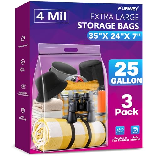 FURWEY 25 Gallon Extra Large Storage Bags 35”x 24”Resealable Clear Bags with Handle 4 Mil Thick Heavy Duty Big Bag for Clothes Pillow Travel Moving,Bedding,Shoes and Toys Storage, Pack of 3 - size: 25 gal - 3 pack