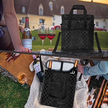 Opux 3 Bottle Wine Carrier Tote, Insulated Leakproof Cooler Bag for Picnic, BYOB Beach, Portable Wine Bottle Case - color: Black Square