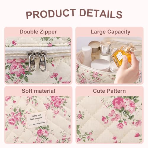 GISMTR 3Pcs Cotton Quilted Makeup Bag Large Travel Cosmetic Bag Coquette Makeup Pouch Cute Aesthetic Floral Toiletry Bag for Women Girls (flower-M) - color: flower-M