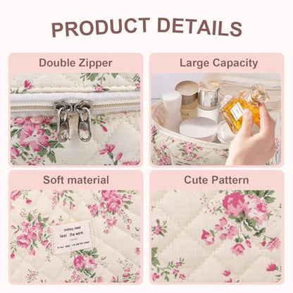 GISMTR 3Pcs Cotton Quilted Makeup Bag Large Travel Cosmetic Bag Coquette Makeup Pouch Cute Aesthetic Floral Toiletry Bag for Women Girls (flower-M) - color: flower-M