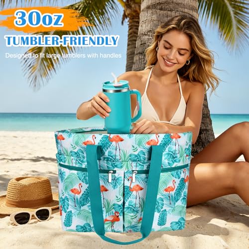 HUANLANG Large Beach Bags for Women Pool Bag with Zipper, Waterproof Sandproof Beach Tote Travel Bag with Wet Pocket - color: Green Forest Flamingo