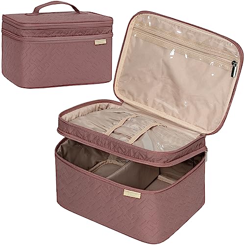 NISHEL Large Double Layer Travel Makeup Bag Women, Large Cosmetic Case, Organizer for Travel-Size Accessories Bottles, Brushes, Conditioner, and Skin Care Products, Rose-wood Pink - color: Rose-wood Pink, size: Large